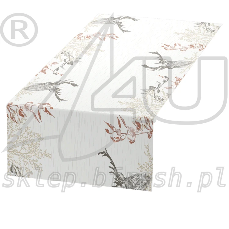Bieżnik flizelinowy Duni Wood & Deer 40 cm × 24 m z motywem jeleni, gałązek i jesiennych liści na jasnym tle