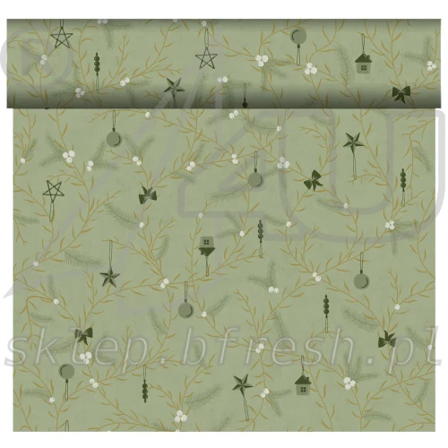 Pistacjowy bieżnik świąteczny flizelinowy Duni Noel Pistachio 40 cm × 24 m z gałązkami, bombkami i gwiazdkami