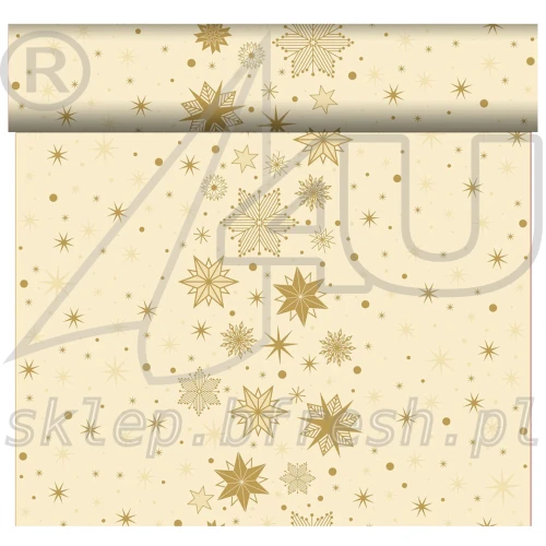 Kremowy bieżnik świąteczny flizelinowy Duni Stargazing Cream 40 cm × 24 m ze złotymi gwiazdkami i śnieżynkami