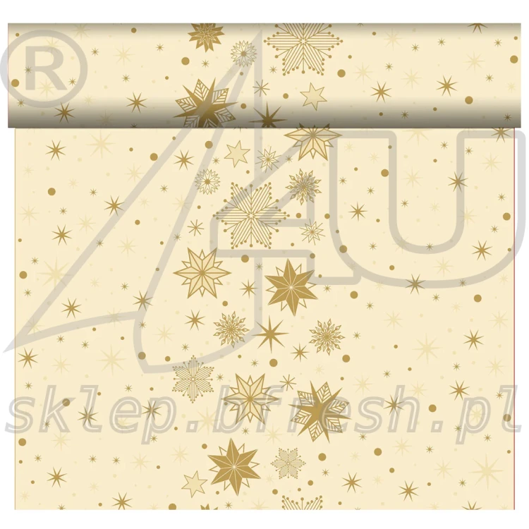 Kremowy bieżnik świąteczny flizelinowy Duni Stargazing Cream 40 cm × 24 m ze złotymi gwiazdkami i śnieżynkami