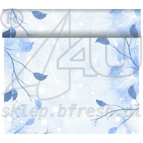 Zimowy bieżnik flizelinowy Duni Frosted Winter 40 cm × 24 m z błękitnymi liśćmi i delikatnym zimowym wzorem