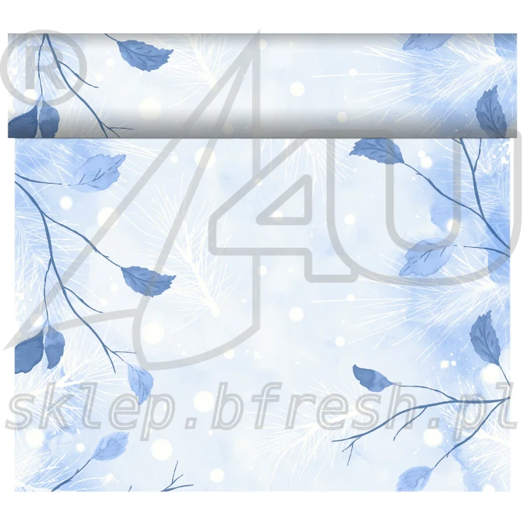 Zimowy bieżnik flizelinowy Duni Frosted Winter 40 cm × 24 m z błękitnymi liśćmi i delikatnym zimowym wzorem