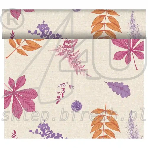 Bieżnik flizelinowy Duni Bright Autumn 40 cm × 24 m z kolorowymi jesiennymi liśćmi na jasnym kremowym tle