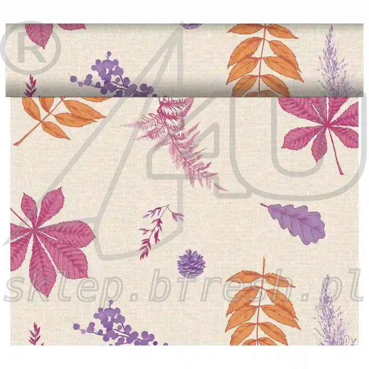 Bieżnik flizelinowy Duni Bright Autumn 40 cm × 24 m z kolorowymi jesiennymi liśćmi na jasnym kremowym tle