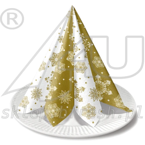 Serwetki flizelinowe PAW Reverse Design Snowflakes 40×40 cm z biało-złotymi śnieżynkami, dekoracyjnie złożone w elegancką piramidę