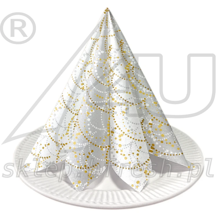 Serwetki flizelinowe PAW Reverse Design Festive Garland 40×40 cm ze złotymi girlandami z drobnych kropek na srebrno - białym tle