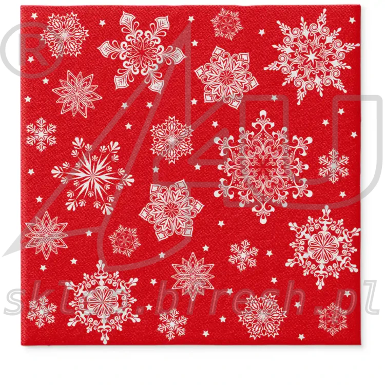 Czerwone serwetki flizelinowe PAW Snowflakes Red 40×40 cm z białymi śnieżynkami różnej wielkości na intensywnie czerwonym tle