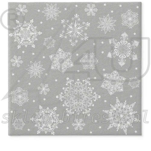 Srebrne serwetki flizelinowe PAW Snowflakes Silver 40×40 cm z białymi śnieżynkami o różnych kształtach i rozmiarach
