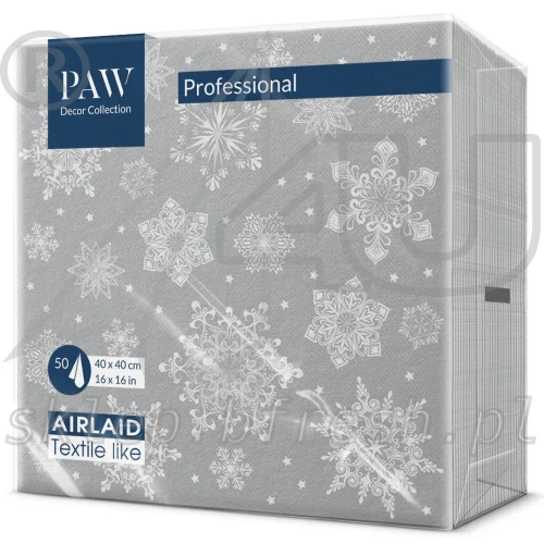 Serwetki na Boże Narodzenie i Wigilię w kolorze srebrnym z dekoracyjnym wzorem białych płatków śniegu, PAW Snowflakes Silver