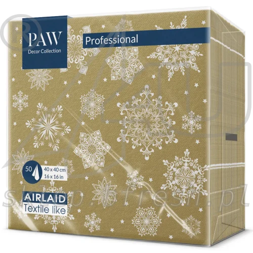 Serwetki świąteczne na Boże Narodzenie i Wigilię, złote z białymi płatkami śniegu, elegancki wzór Snowflakes Gold PAW