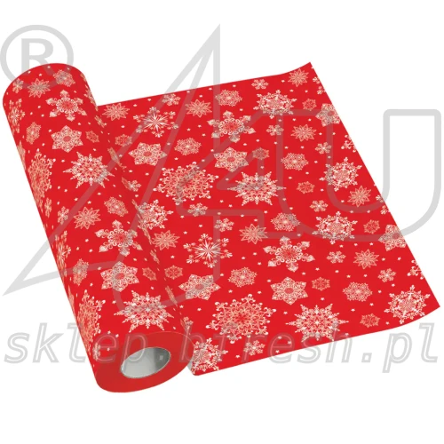 Czerwony bieżnik świąteczny flizelinowy PAW Snowflakes Red 40 cm × 24 m z białymi śnieżynkami różnej wielkości