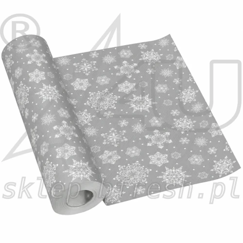 Srebrny bieżnik świąteczny flizelinowy PAW Snowflakes Silver 40 cm × 24 m z białymi śnieżynkami o różnych kształtach