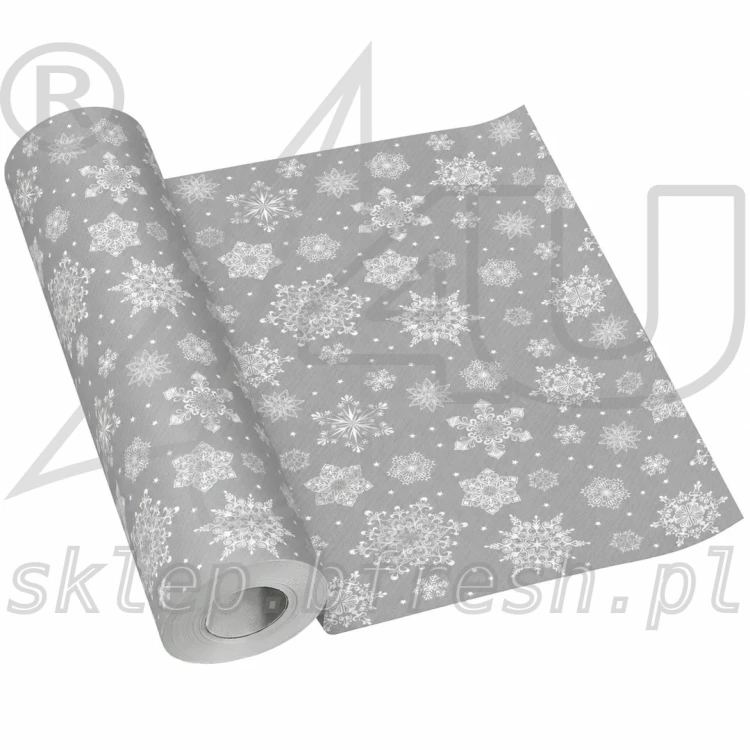 Srebrny bieżnik świąteczny flizelinowy PAW Snowflakes Silver 40 cm × 24 m z białymi śnieżynkami o różnych kształtach