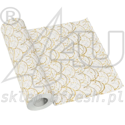 Biały bieżnik świąteczny flizelinowy PAW Festive Garland 40 cm × 24 m z delikatnymi złotymi girlandami ułożonymi w ozdobne łuki