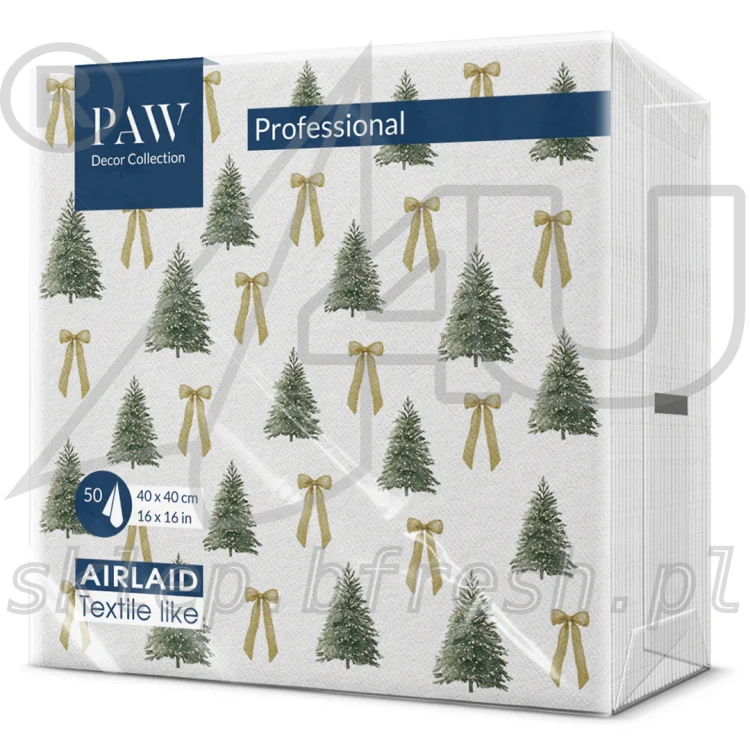 Serwetki flizelinowe na Boże Narodzenie i  Wigilię PAW Ribbon Forest 40×40 cm z motywem zielonych choinek i złotych kokardek na białym tle
